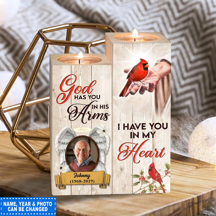 Personalized Cardinal God Has You in His Arms Candle Holder