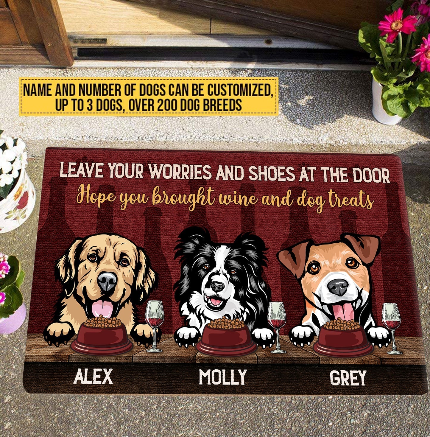 Personalized Breeds Dogs And Drinks Funny Leave Your Worries And Shoes Outside Doormat
