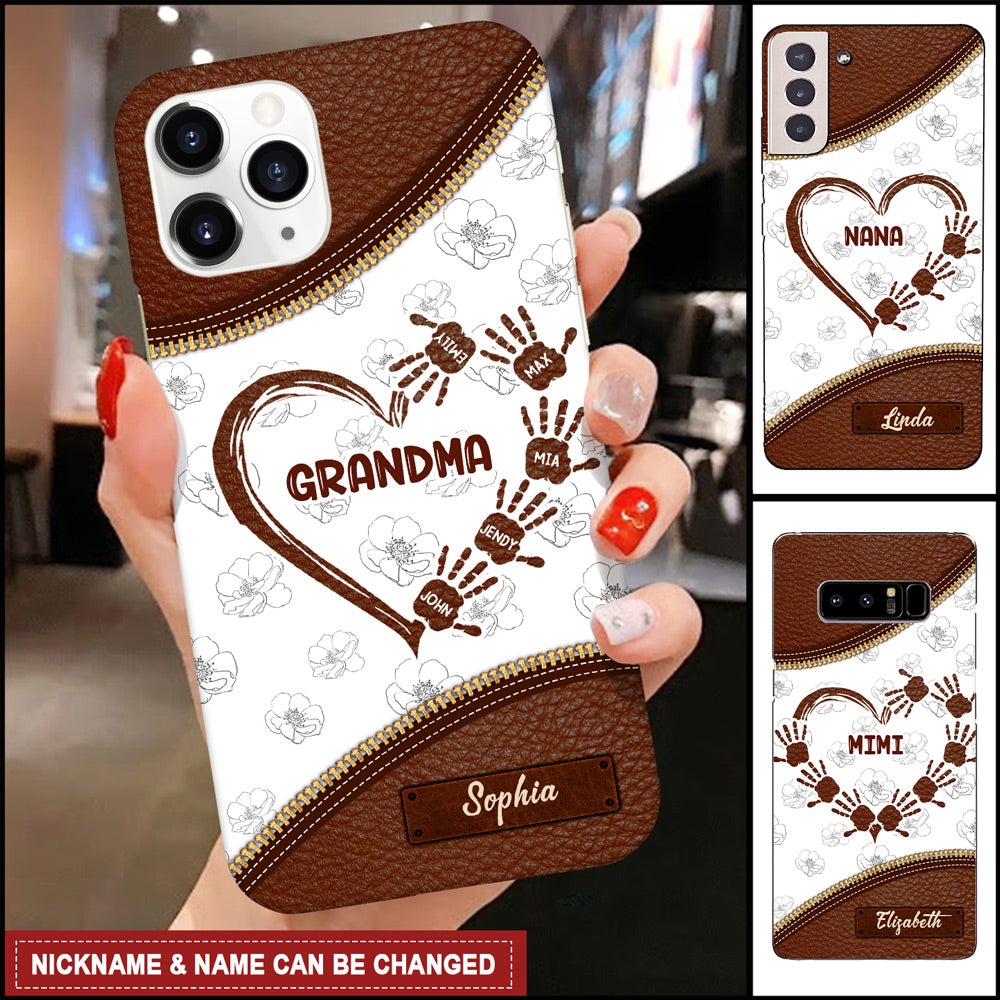 Grandma Mom Heart Kids' Handprints Custom Names Mother's Day Gift Leather Pattern Phone case