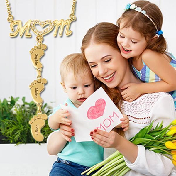 Mother's Day Gift Diamond Mom Necklace With Baby Feet